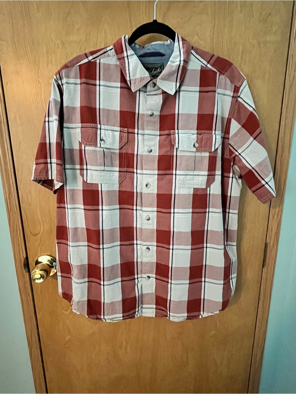 Woolrich Maroon Tan Brown Plaid Men’s Short Sleeve Button Up Pockets SZ XL EUC